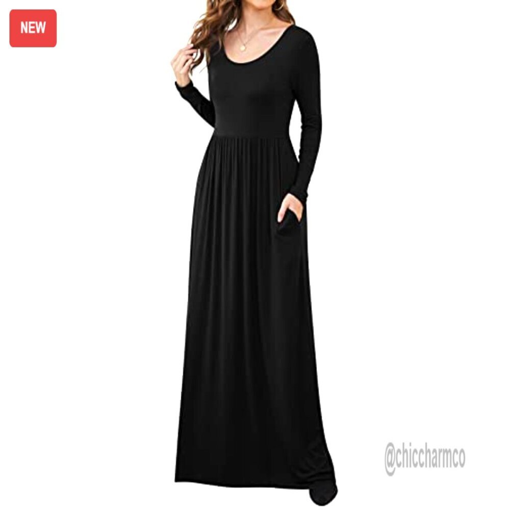 Long Sleeve Maxi Dress Empire Waist with Pockets Casual Stretchy Fabric - Picture 3 of 7